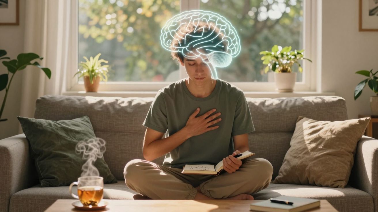 Pessoa sentada em sofá, olhos fechados, mão no peito e cérebro iluminado, a praticar meditação ou reflexão.