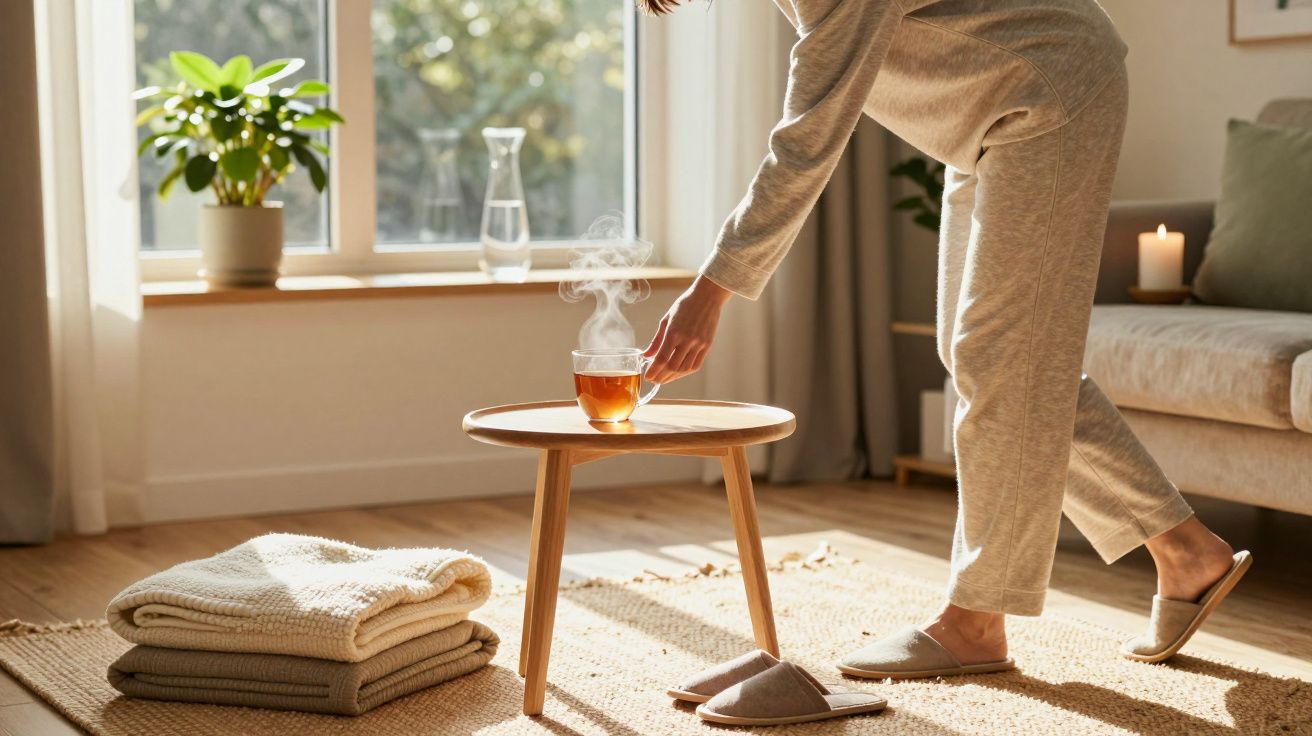 Pessoa a colocar chá quente numa mesa baixa numa sala iluminada, com tapete, pantufas e manta dobrada.