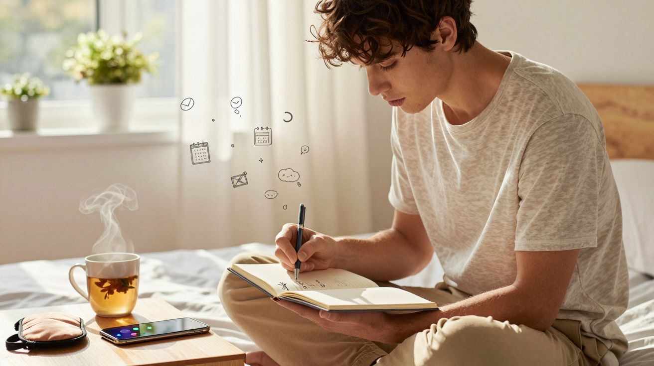 Jovem sentado na cama a escrever num caderno, com chá quente e telemóvel ao lado numa mesa.