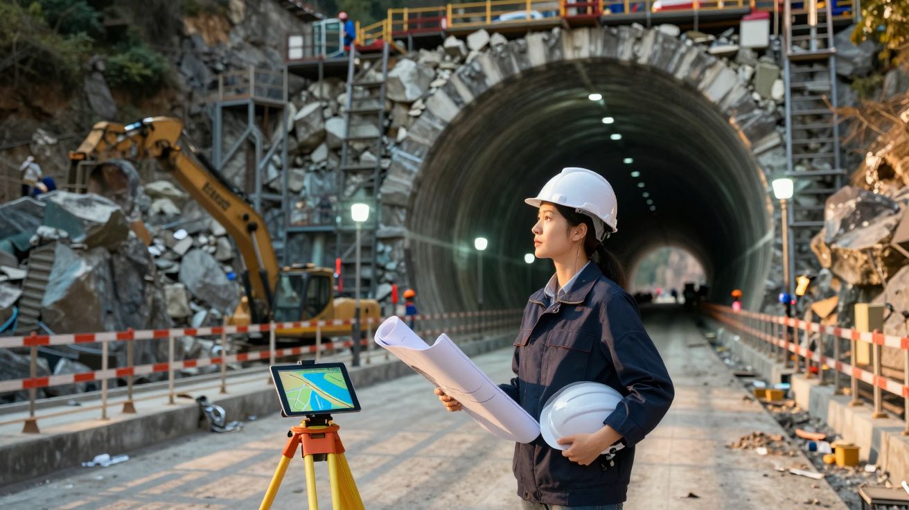 Engenheira de vestuário de segurança e capacete a examinar um projeto na entrada de um túnel em construção.