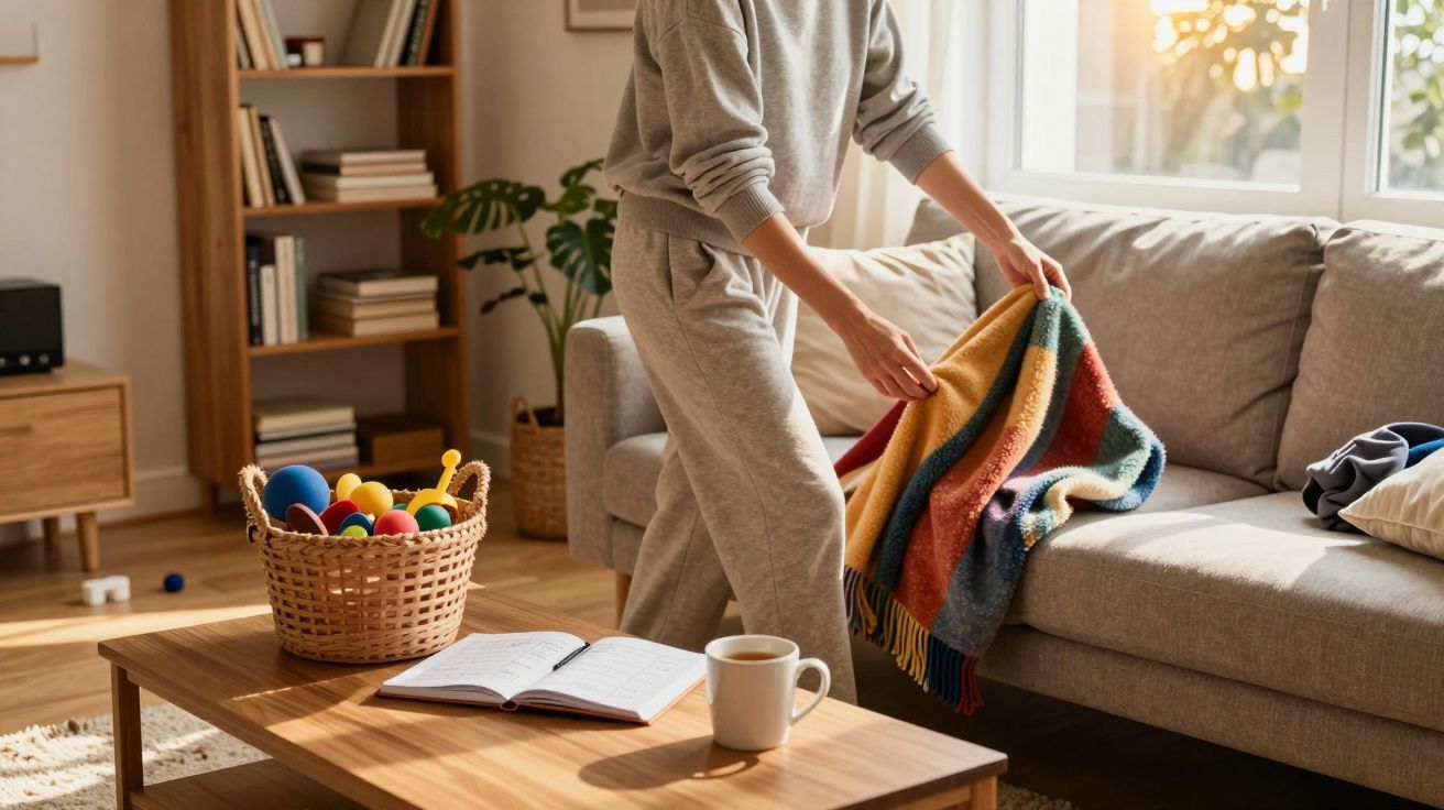 Pessoa a colocar uma manta colorida no sofá numa sala iluminada e acolhedora com mesa de madeira.