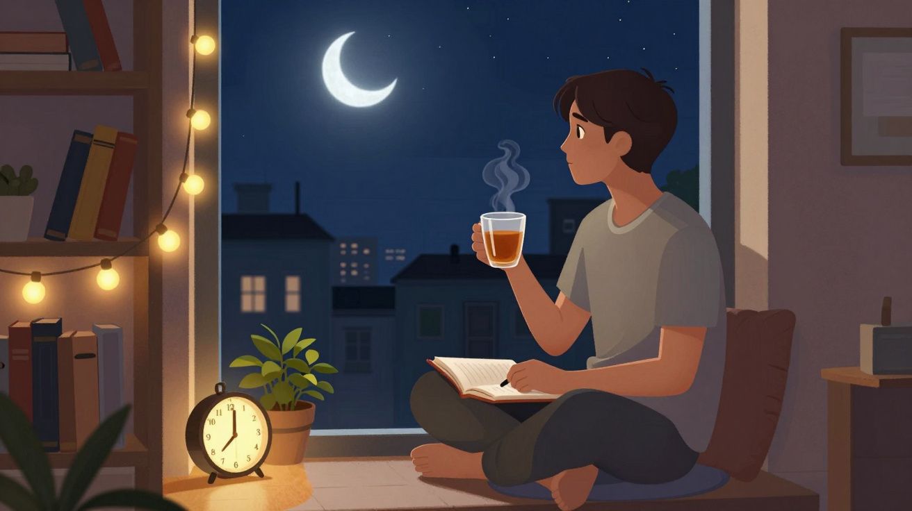 Pessoa sentada na janela à noite, a beber chá quente e a ler um livro, com lua crescente no céu.