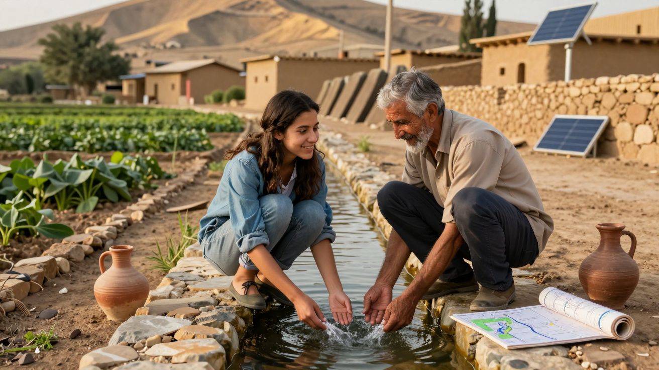 Homem idoso e jovem mulher recolhem água num canal de irrigação numa quinta com painéis solares ao fundo.