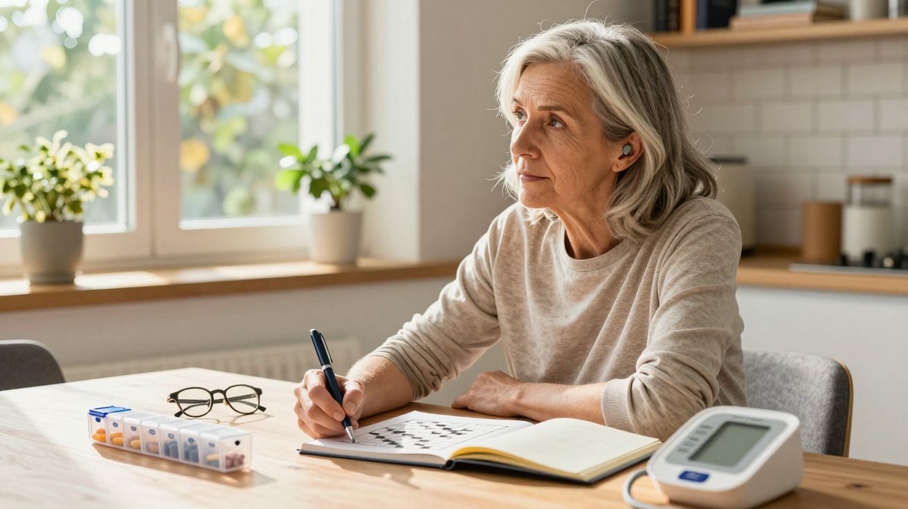 Mulher sénior de cabelos brancos a fazer palavras cruzadas numa mesa com um monitor de pressão arterial.