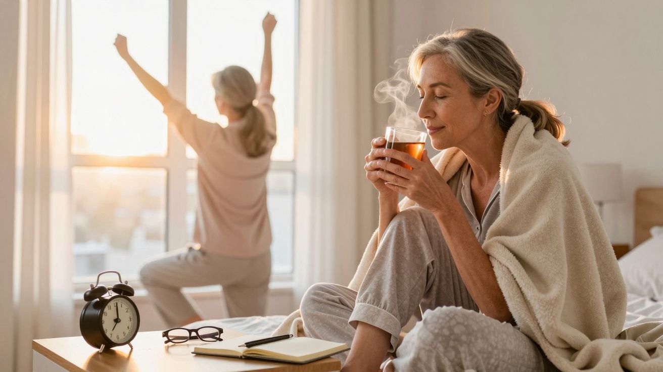 Mulher sentada na cama a beber chá, enquanto outra estica os braços junto à janela ao amanhecer.