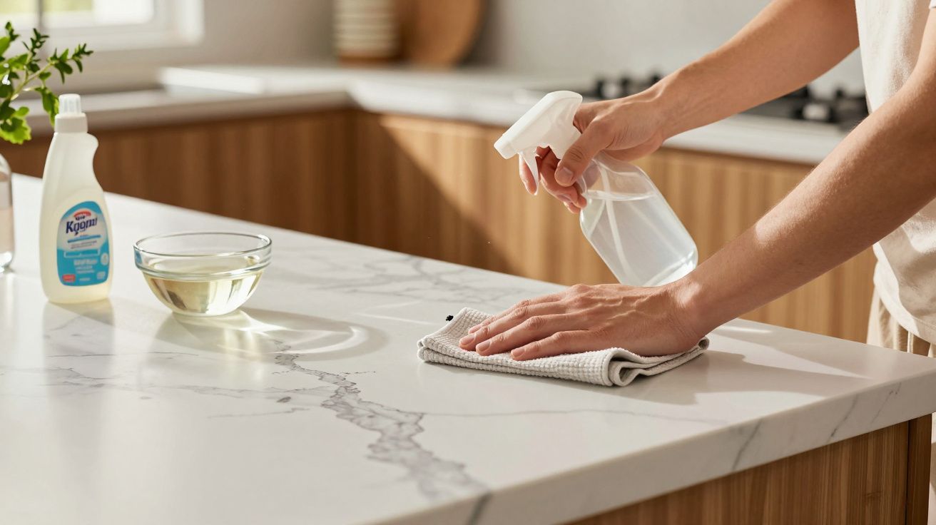 Pessoa a limpar uma bancada de cozinha branca com um pano e pulverizador transparente.