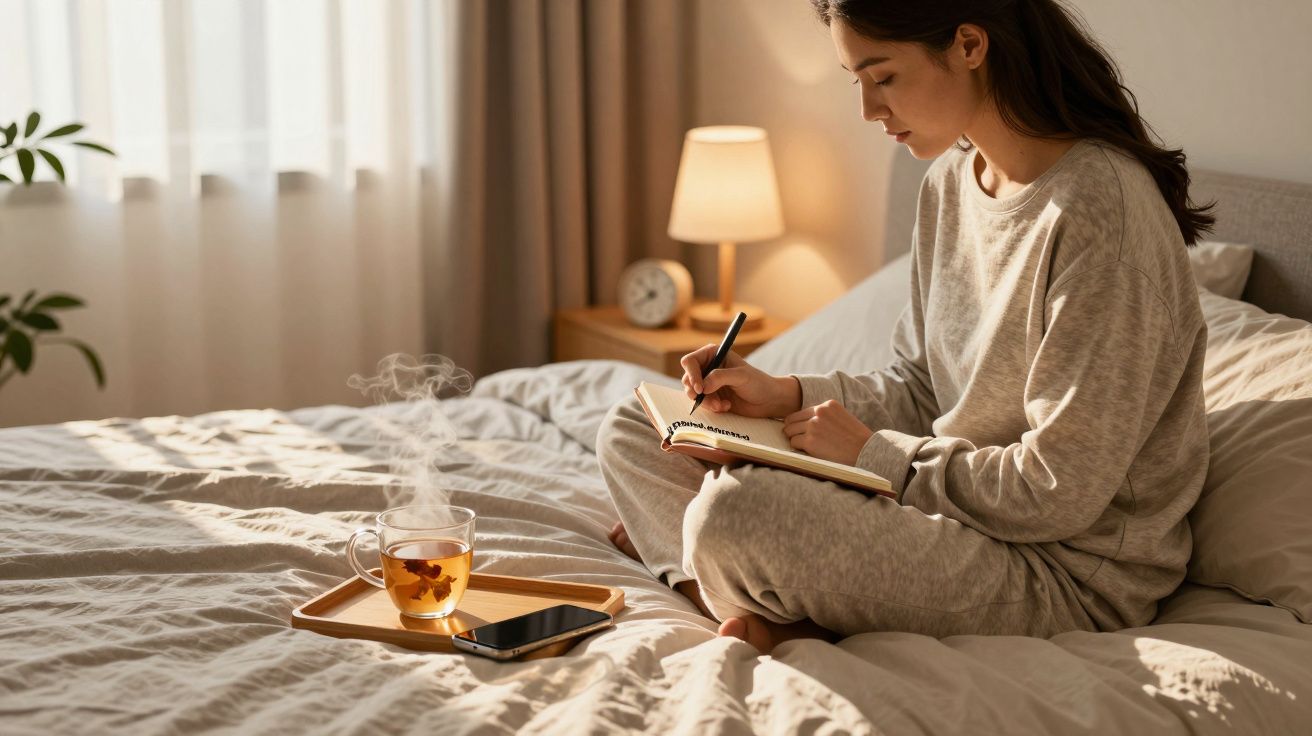 Mulher sentada na cama a escrever num caderno, com chá quente e telemóvel numa bandeja à sua frente.