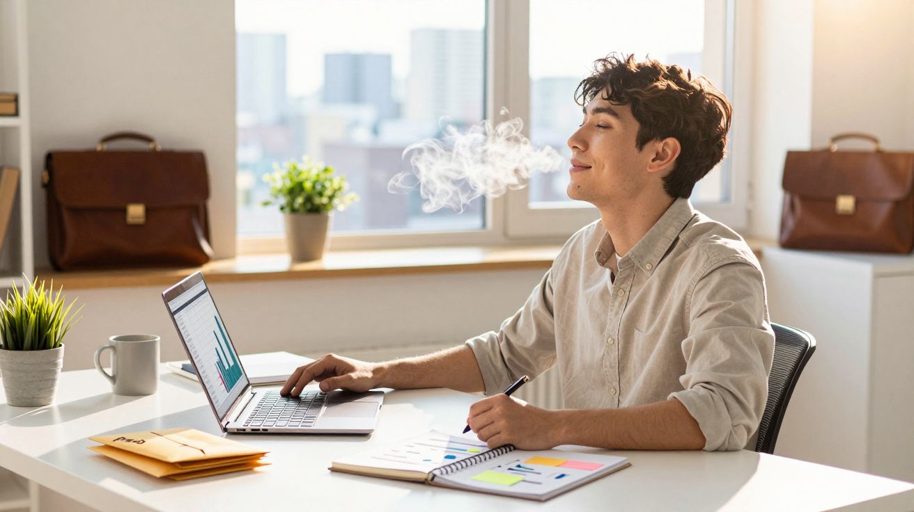 Jovem sentado a trabalhar num escritório, exalando vapor de cigarro eletrónico, com computador e documentos à frente.
