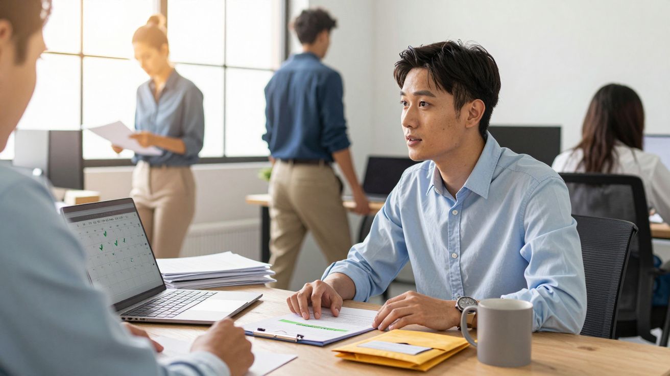 Homem jovem conversa com colega numa mesa de escritório, com pessoas e computadores ao fundo.