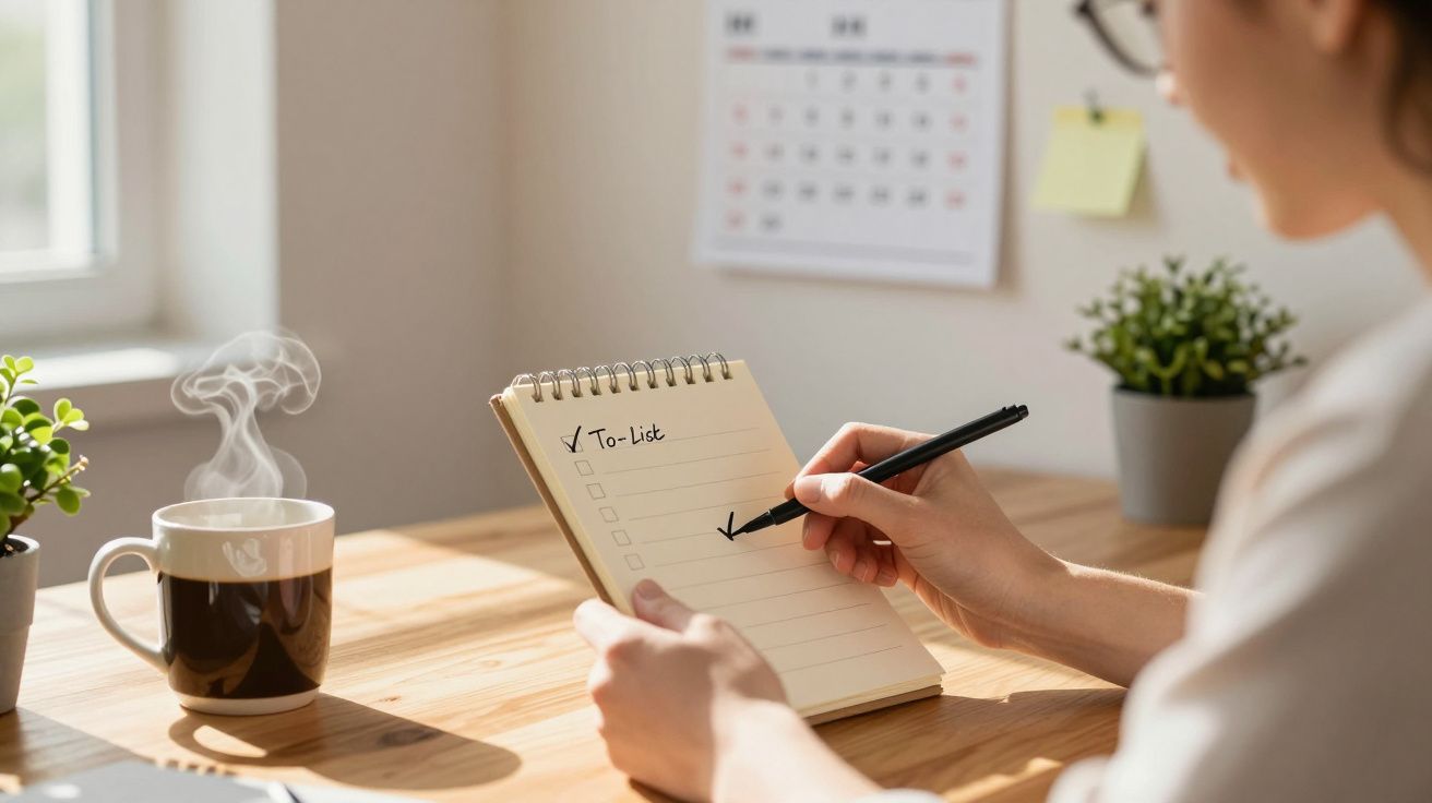 Pessoa a marcar tarefa numa lista de afazeres num bloco, numa mesa com caneca de café e plantas.