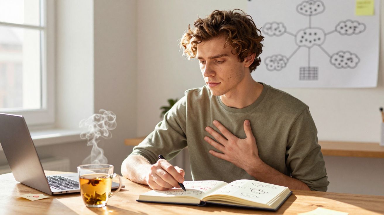 Jovem a estudar com caderno, portátil aberto e chá quente numa mesa iluminada por luz natural.
