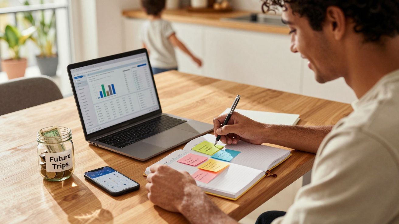 Homem a trabalhar em casa com computador, telemóvel, bloco de notas e mealheiro rotulado "Future Trips".