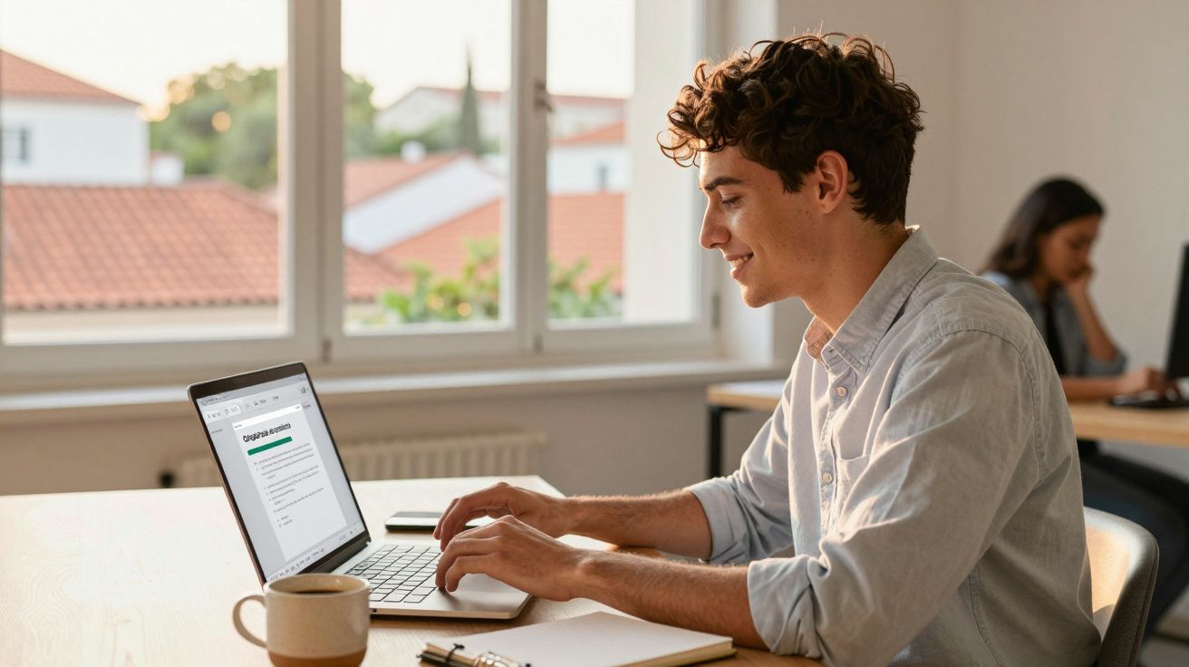 Jovem a trabalhar num portátil numa mesa junto a uma janela, com caneca e caderno ao lado.