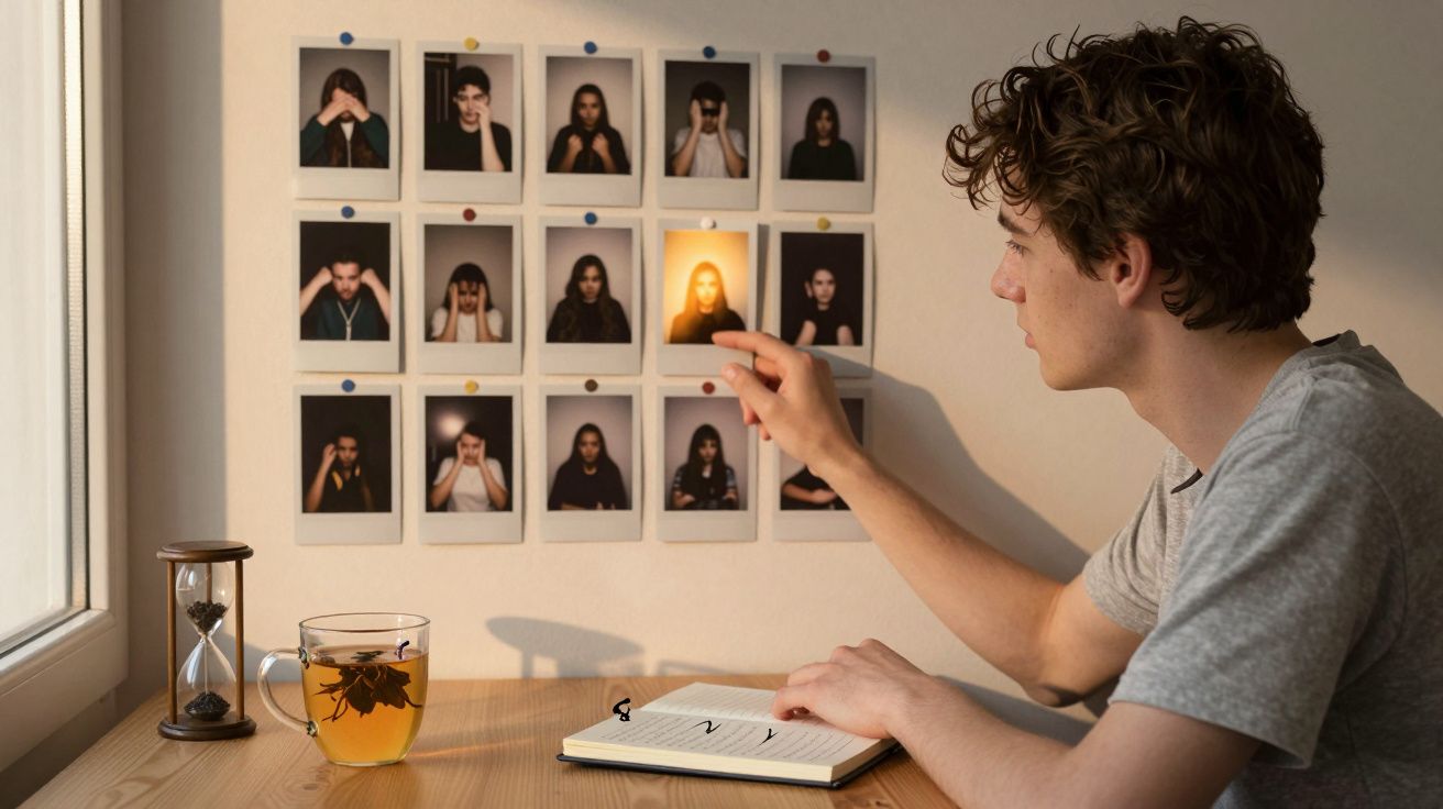 Homem sentado à mesa com caderno, a apontar para uma fotografia iluminada numa parede com várias fotos.