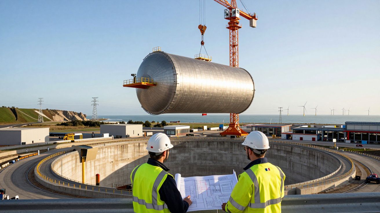 Dois trabalhadores com capacete e coletes reflectores observam um grande tanque suspenso por um guindaste numa obra industria