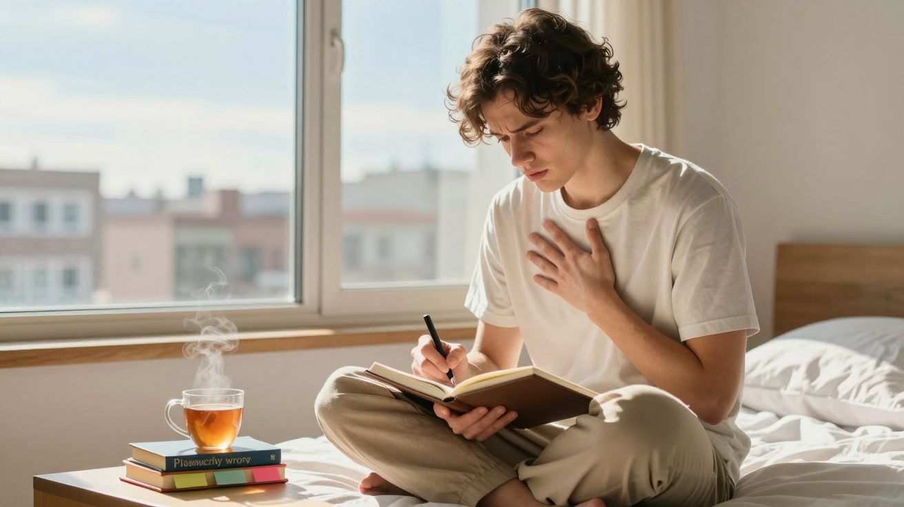 Jovem sentado na cama a escrever num diário, com chá quente e livros numa mesa ao lado, luz natural.