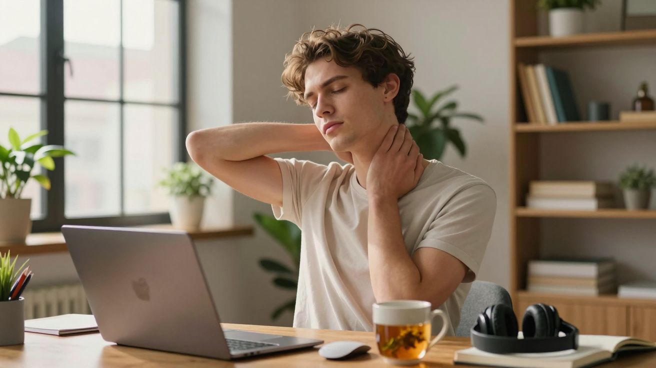 Homem jovem sentado numa mesa com laptop, a massajar o pescoço, aparentando dor ou desconforto.