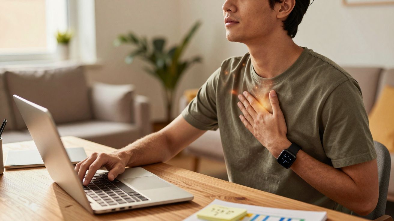 Homem jovem sentado a usar portátil enquanto segura o peito, aparentando dor, numa sala com móveis modernos.