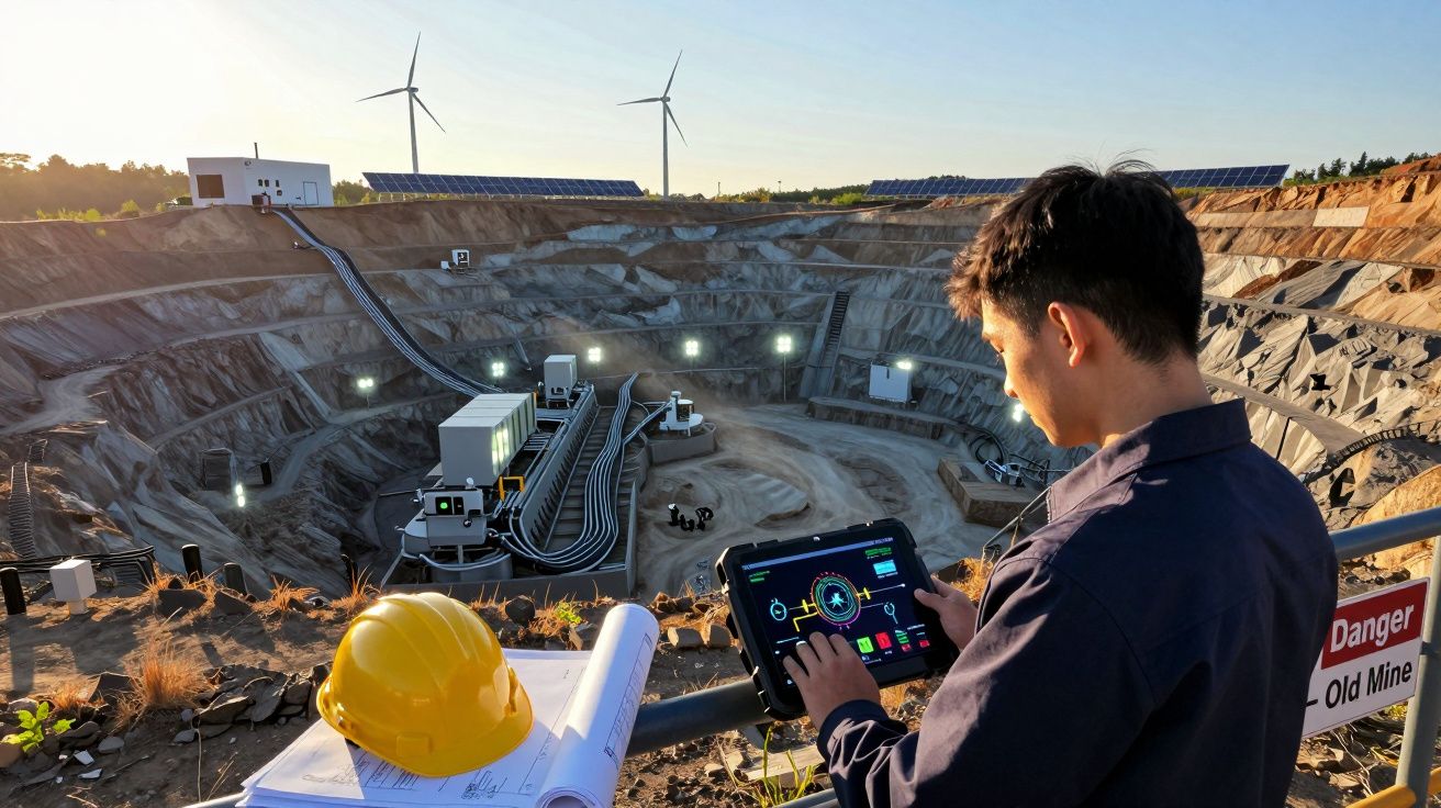 Homem a controlar equipamento mineiro com tablet, capacete e mapas, numa mina ao ar livre ao entardecer.