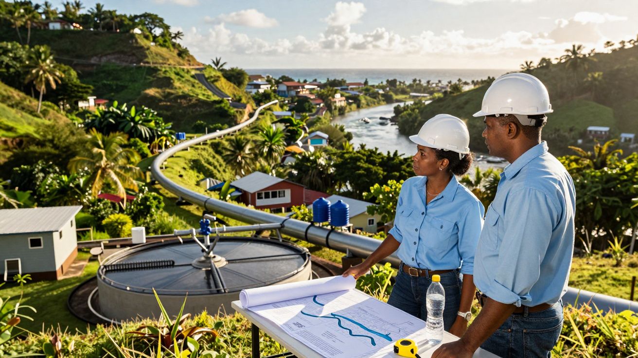 Engenheiros em capacetes brancos analisam projeto junto a instalações de tratamento de água numa zona rural.
