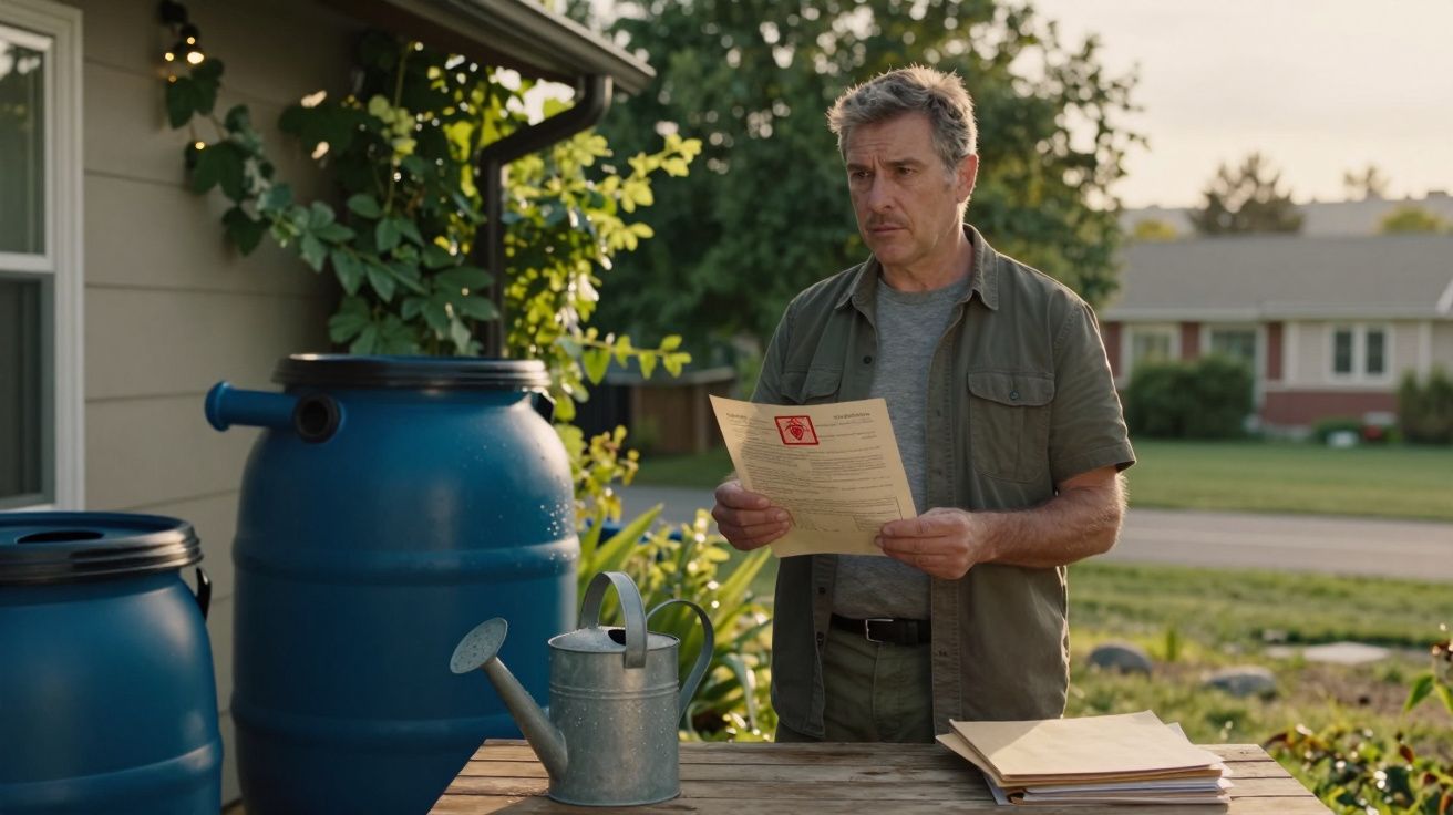 Homem sério a ler documento junto a barris azuis e regador num jardim exterior ao entardecer.
