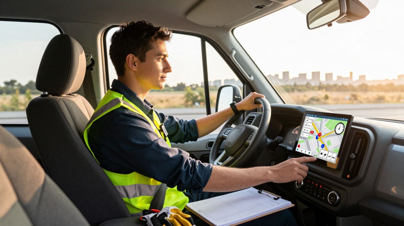 Homem com colete refletor conduzindo veículo e consultando mapa num ecrã tátil no painel.