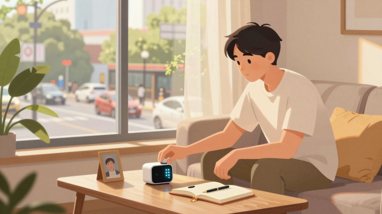 Jovem numa sala a ligar um despertador digital numa mesa com livro aberto e foto de pessoa.