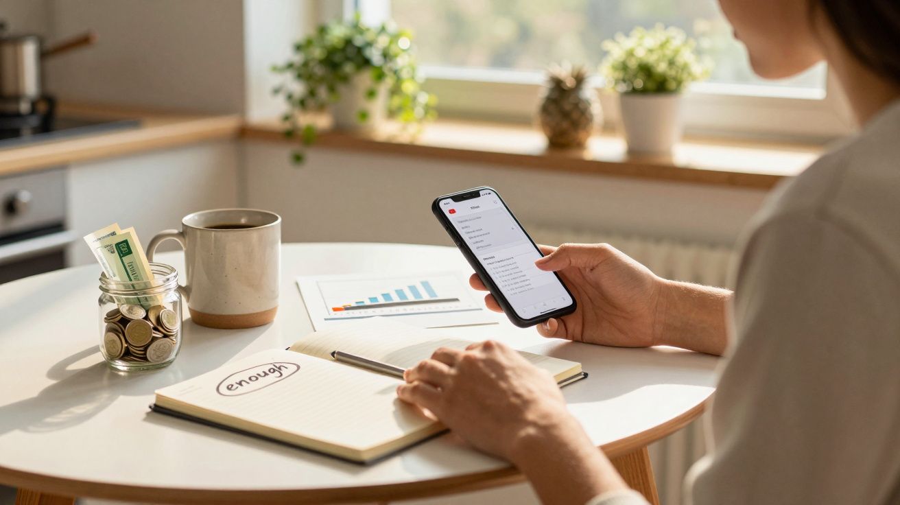 Pessoa a usar telemóvel junto a mesa com caderno, gráfico, caneca e frasco com moedas e notas.