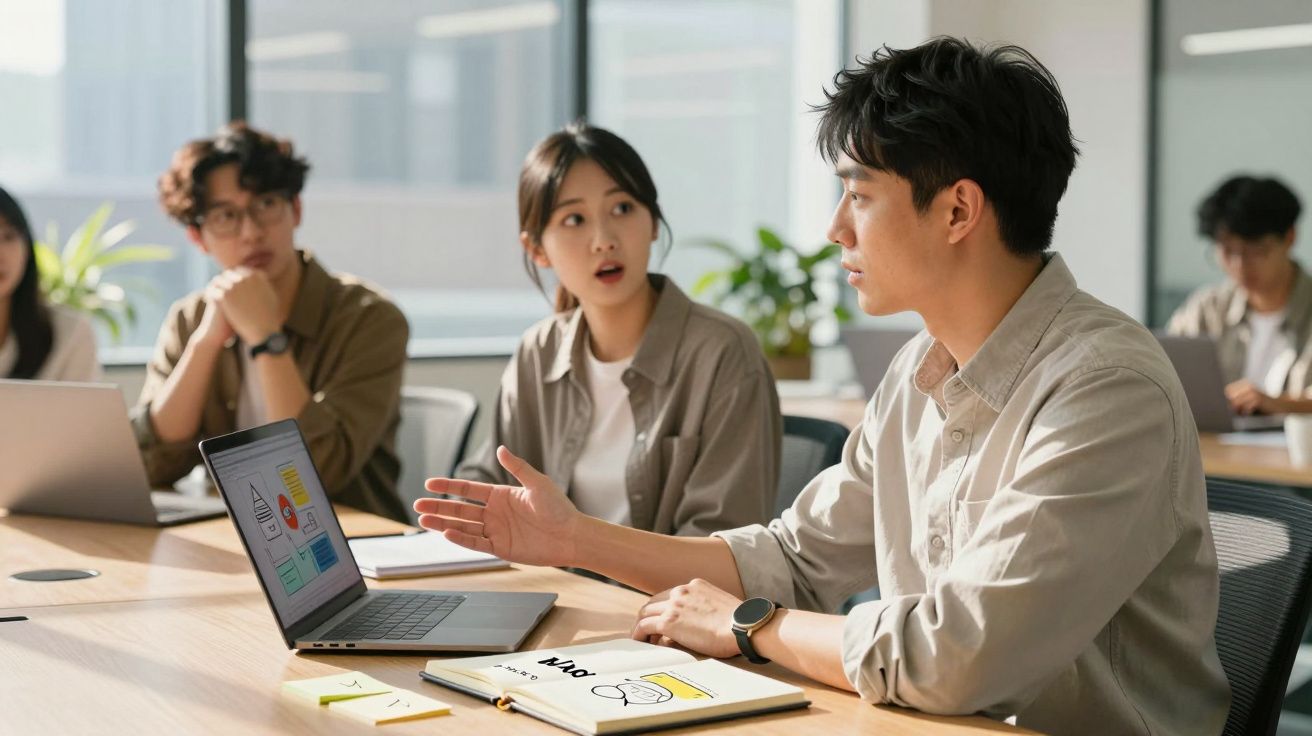 Grupo de jovens a discutir ideias num escritório com laptops e cadernos sobre a mesa.