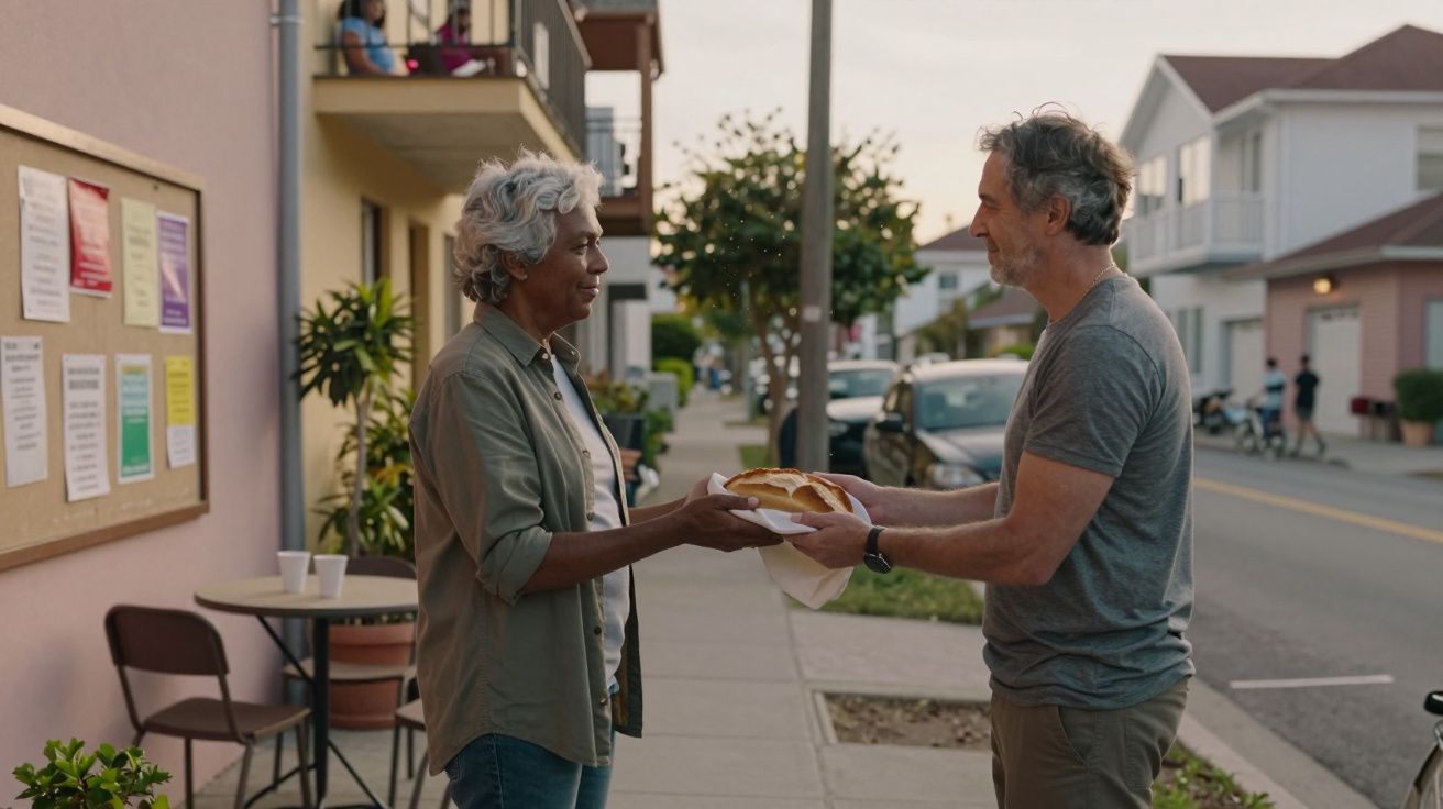 Duas pessoas a trocarem um prato com pão numa rua residencial ao final da tarde.