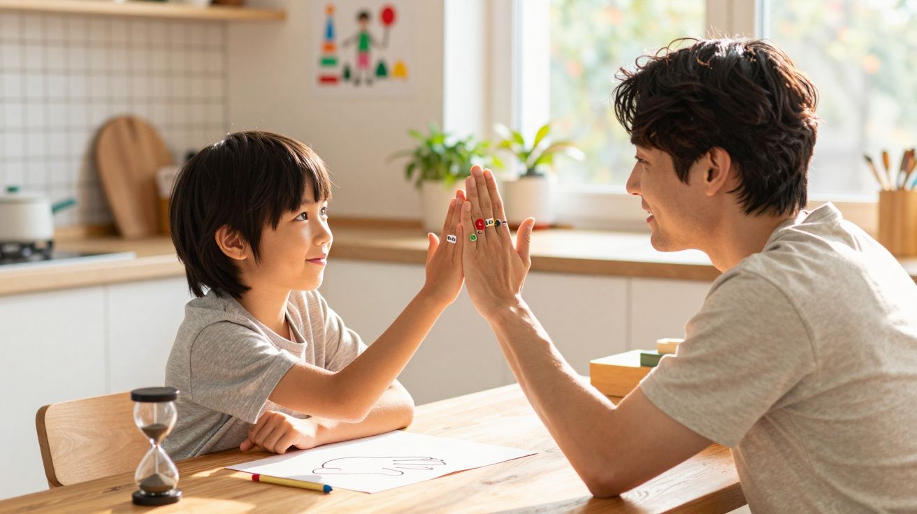 Criança e adulto a fazerem high five sentados numa mesa com atividade de desenho num ambiente doméstico.