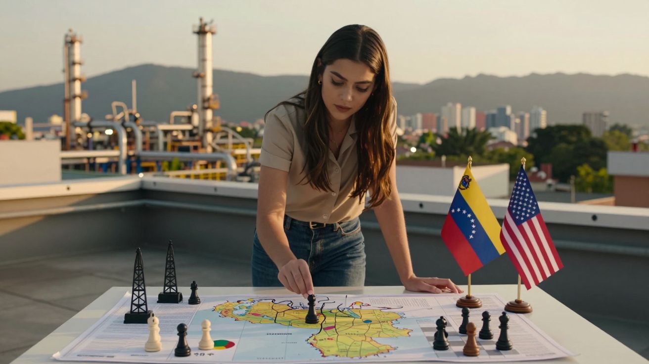 Mulher a jogar xadrez numa mesa com mapa da Venezuela, com bandeiras da Venezuela e dos EUA, em terraço urbano.