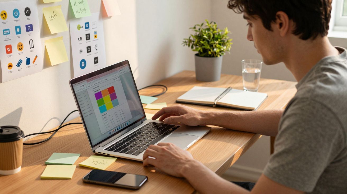 Homem a trabalhar num computador portátil numa secretária com post-its, caderno e telemóvel.