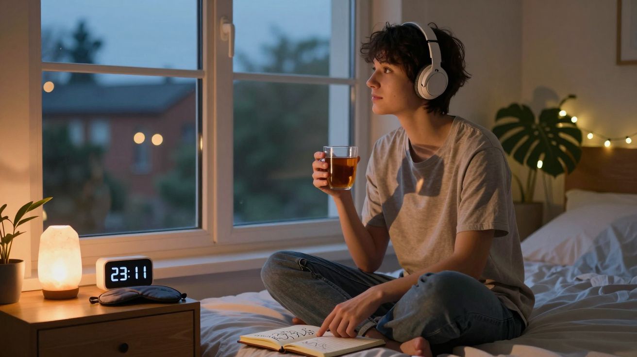 Jovem sentada na cama, com auscultadores e a beber chá, olha pela janela durante a noite.