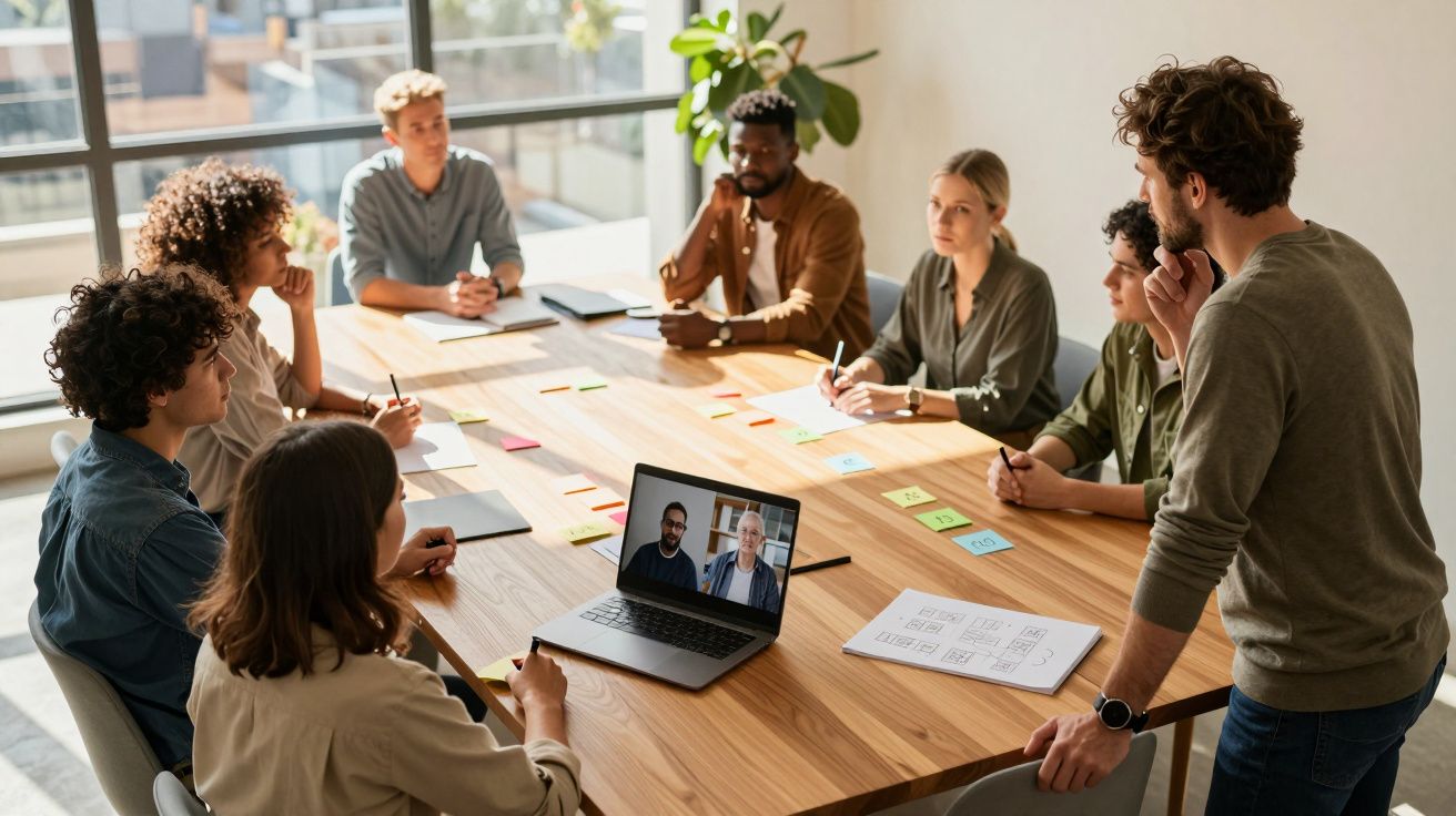 Grupo de oito pessoas em reunião à volta de mesa retangular com videoconferência aberta num portátil.