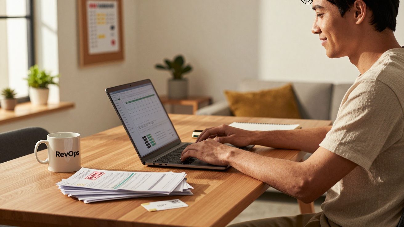 Pessoa a trabalhar num portátil numa mesa com documentos, caneca e planta numa sala iluminada.