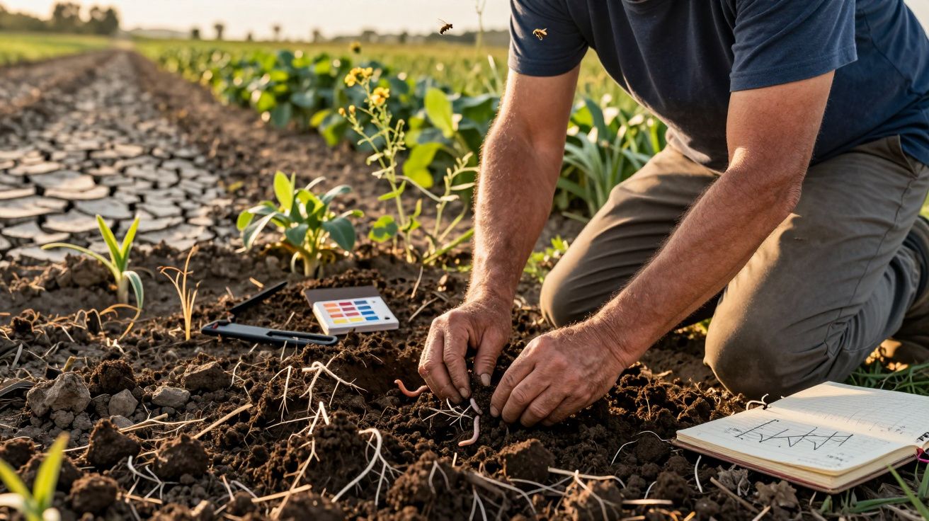 Pessoa ajoelhada a analisar a terra de uma horta, com duas minhocas nas mãos e um caderno aberto ao lado.