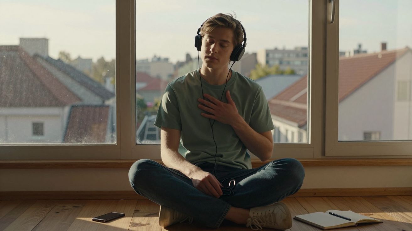 Jovem sentado no chão junto a janela a ouvir música com auscultadores e a mão no peito.