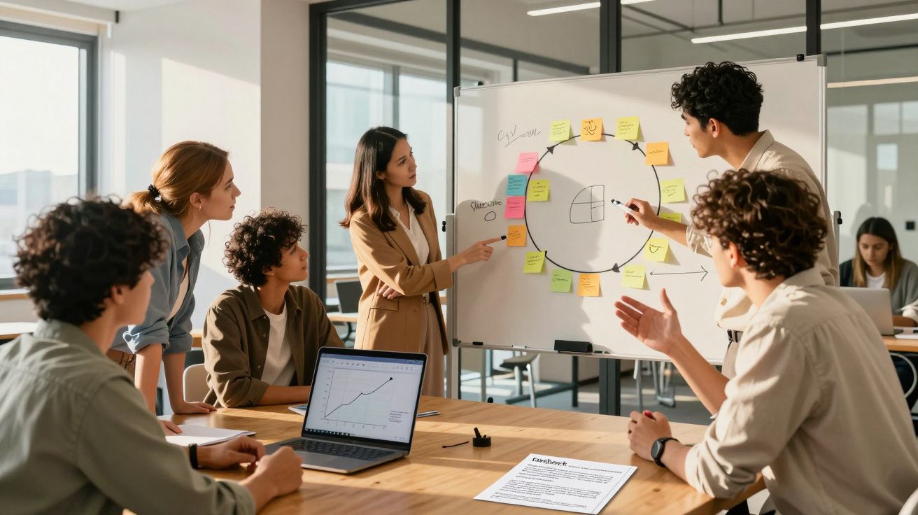 Grupo de pessoas numa reunião a discutir ideias em quadro branco com post-its coloridos.
