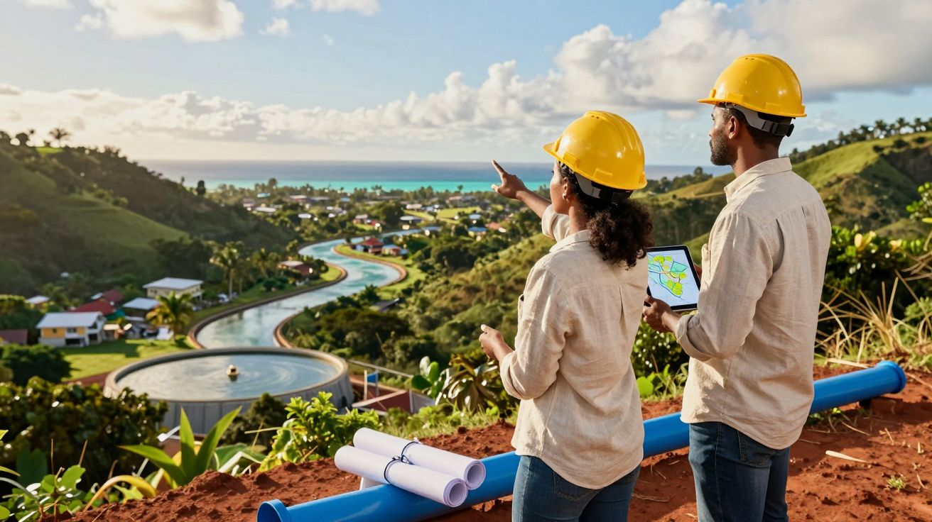 Dois engenheiros com capacetes amarelos analisam projeto em paisagem rural com reservatórios de água e casas.
