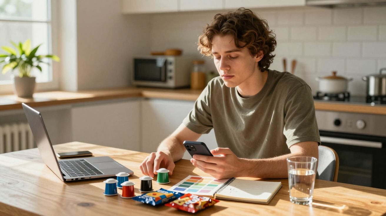 Jovem sentado à mesa com telemóvel, amostras de cor, computador portátil e snacks numa cozinha moderna.