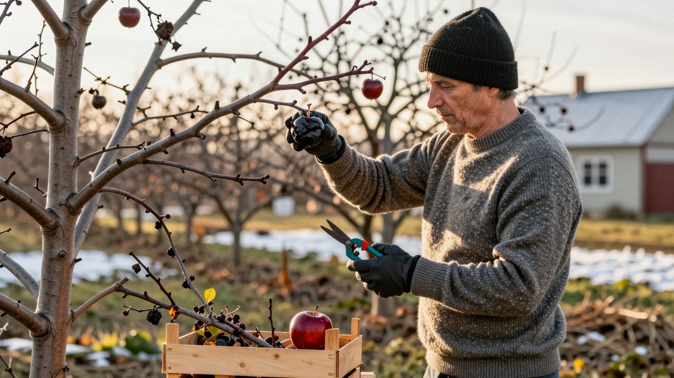 Homem com gorro e luvas colhe maçãs num pomar de árvores sem folhas ao final da tarde.