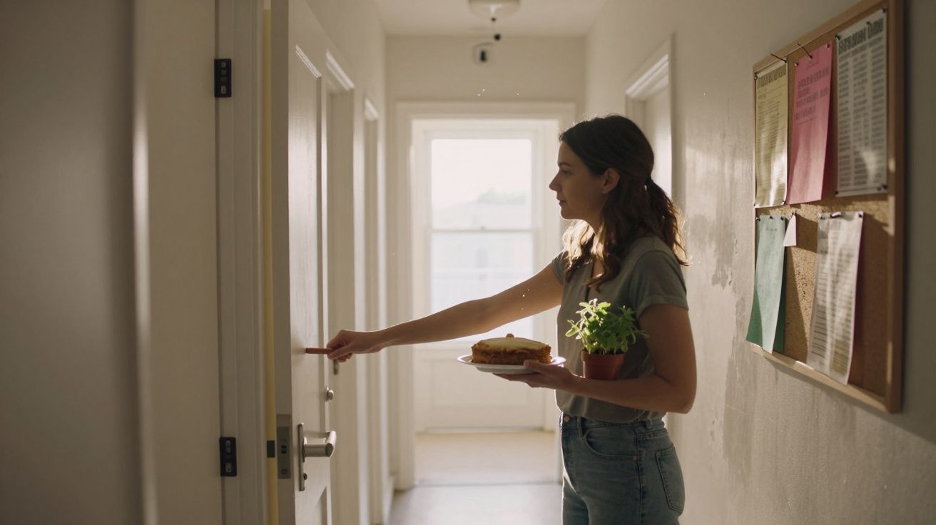 Mulher com sanduíche e planta a abrir a porta num corredor iluminado por luz natural.