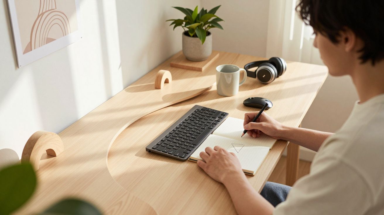 Pessoa a desenhar num caderno numa secretária de madeira com teclado, rato, auscultadores e planta em vaso.