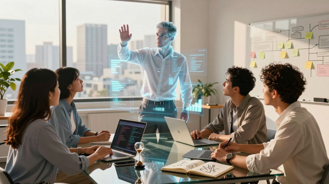 Homem apresenta dados holográficos a quatro colegas numa reunião de escritório moderno com vista urbana.