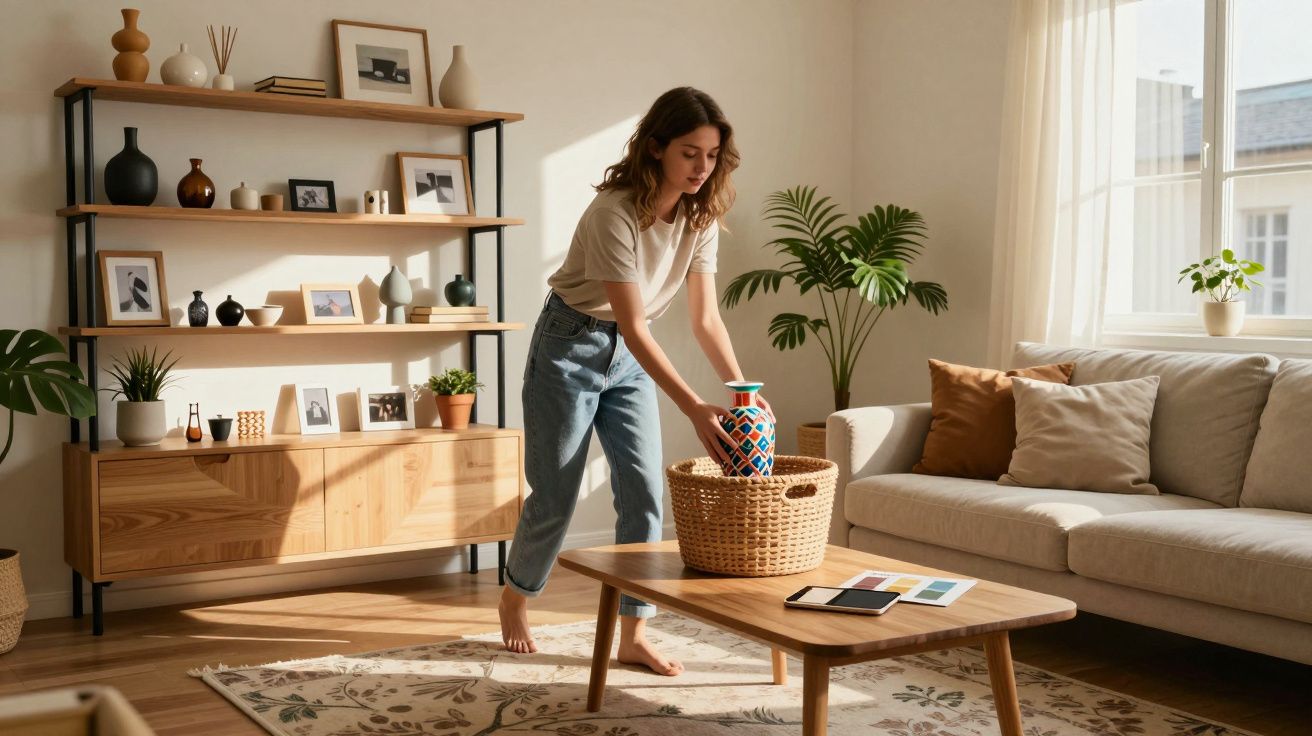 Mulher a arrumar uma jarra num cesto em sala com sofá, estante e muita luz natural pela janela.
