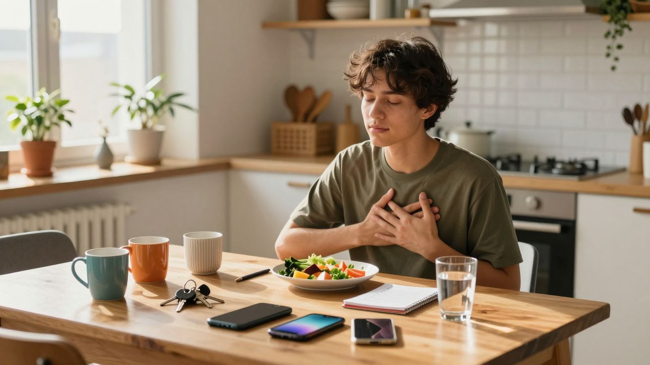 Jovem sentado à mesa na cozinha com uma salada à frente, mãos no peito, parecendo sentir dor.