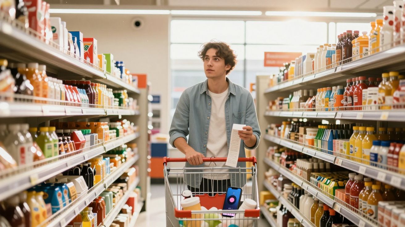 Jovem com carrinho de compras e lista a olhar para prateleiras de sumos num supermercado.