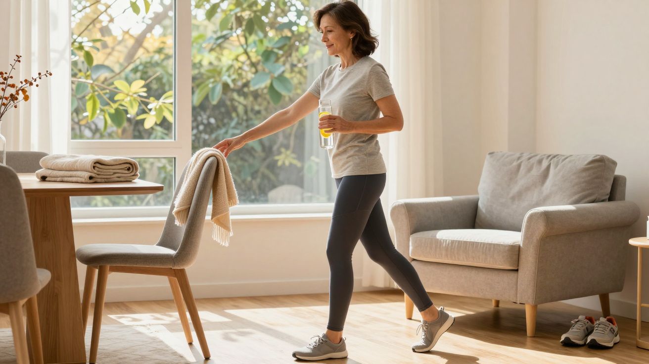 Mulher em roupa desportiva segura garrafa e pousa casaco numa cadeira numa sala iluminada.