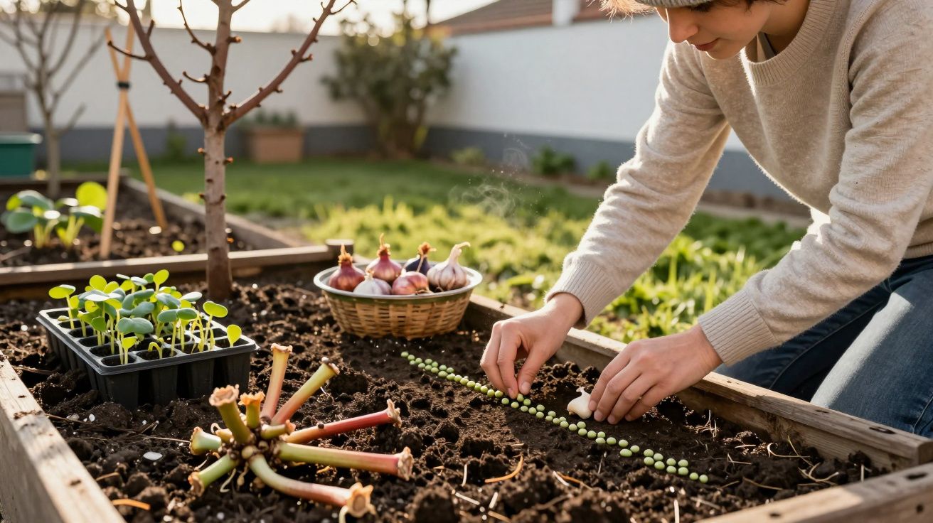 Pessoa semeando ervilhas em canteiro de jardim com plantas e alho numa cesta ao fundo.